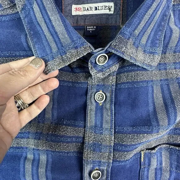 32 Bar Blues Shirt Mens Large Blue Plaid Textured Long Sleeve Button Down Shirt - Picture 10 of 13